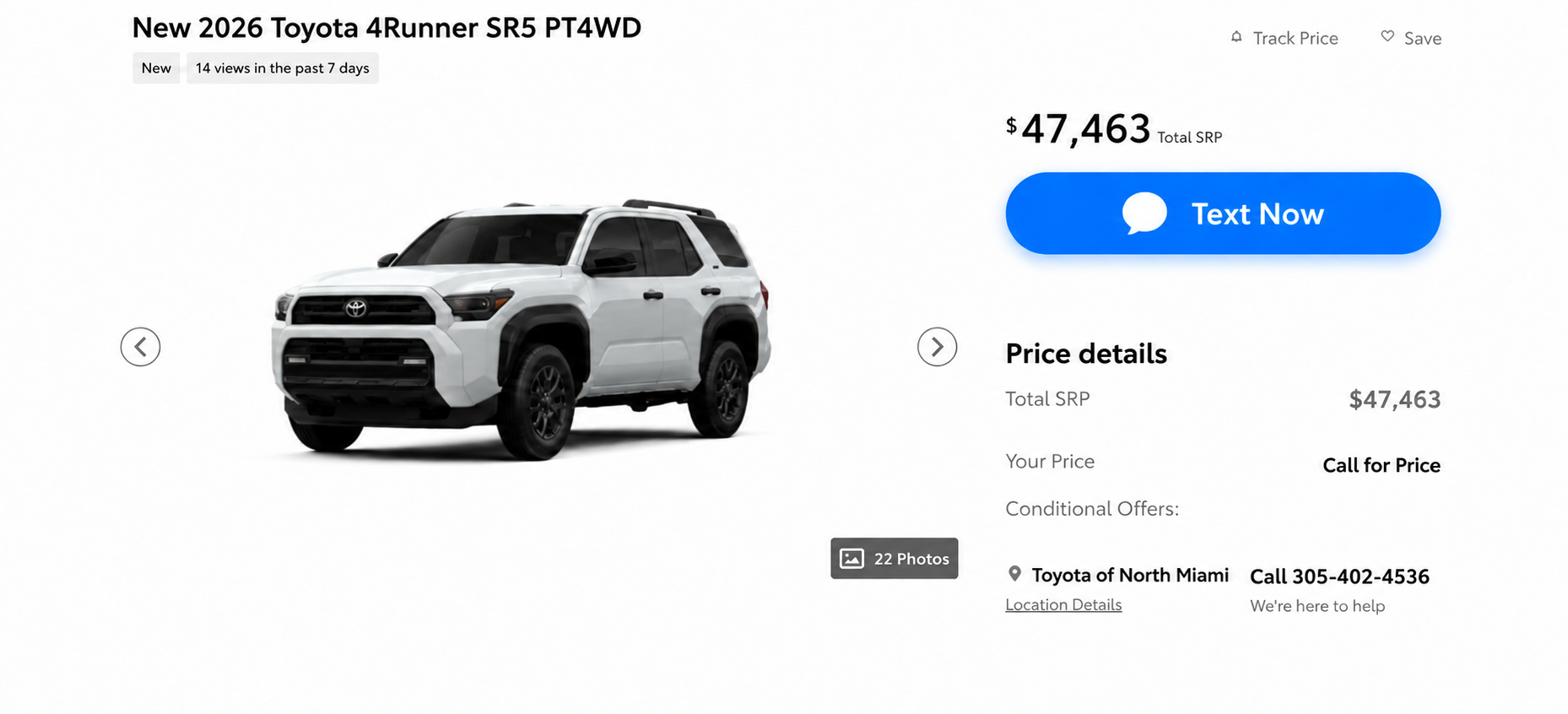 Dealership vehicle page for a 2026 Toyota 4Runner with the SnapMe Text Now button